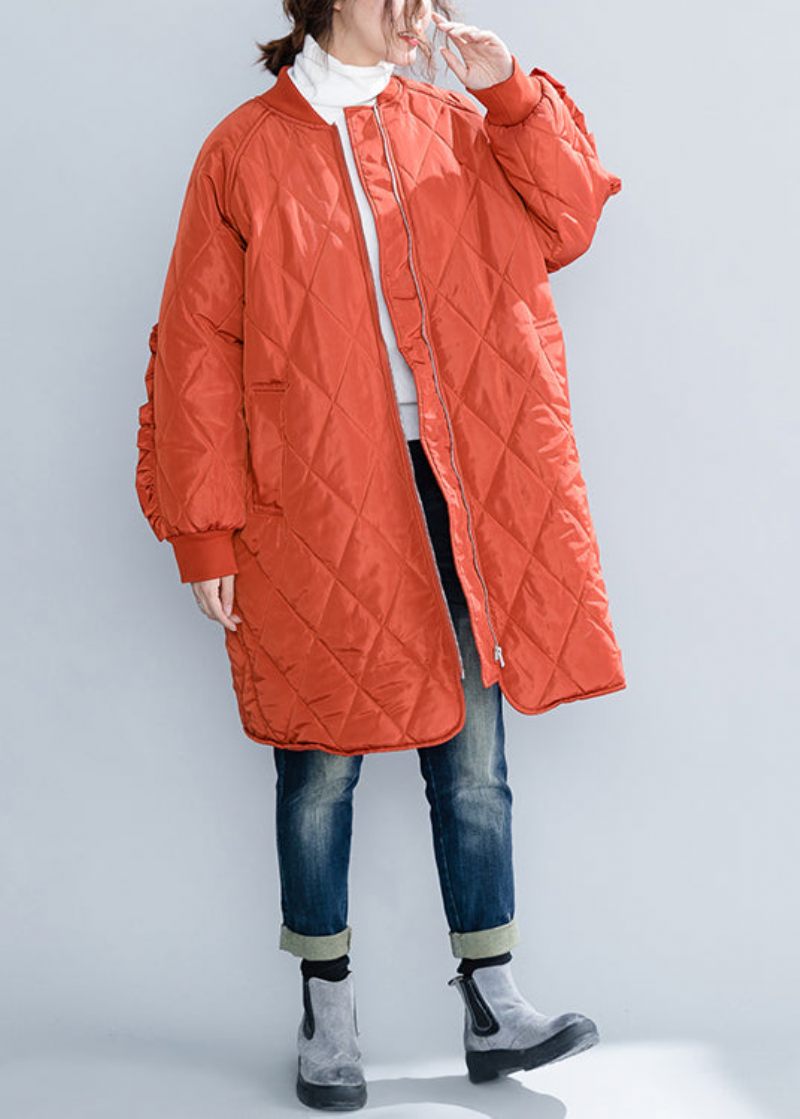 Plus Size Orange Lynlåslommer Flæsede Patchwork Bomuldsfyldte Frakker Vinter