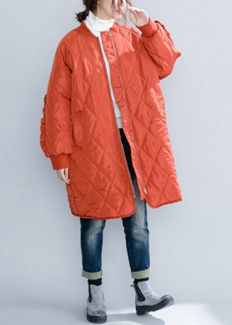 Plus Size Orange Lynlåslommer Flæsede Patchwork Bomuldsfyldte Frakker Vinter