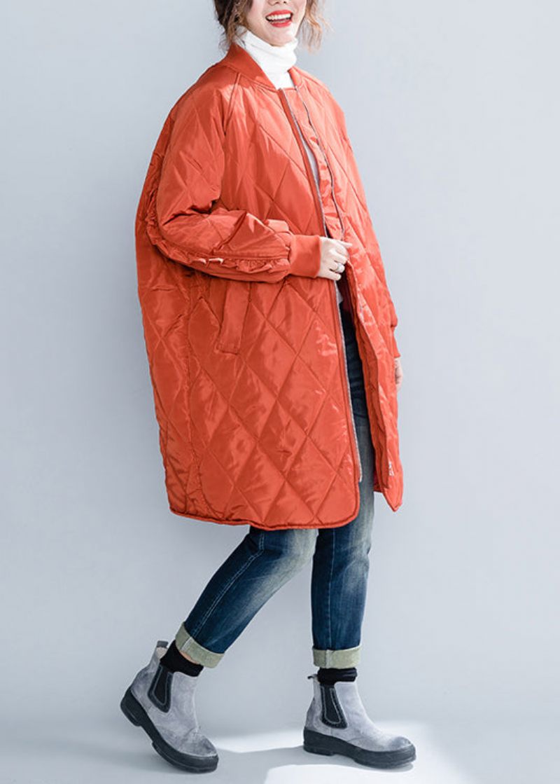 Plus Size Orange Lynlåslommer Flæsede Patchwork Bomuldsfyldte Frakker Vinter - Dame dunjakker