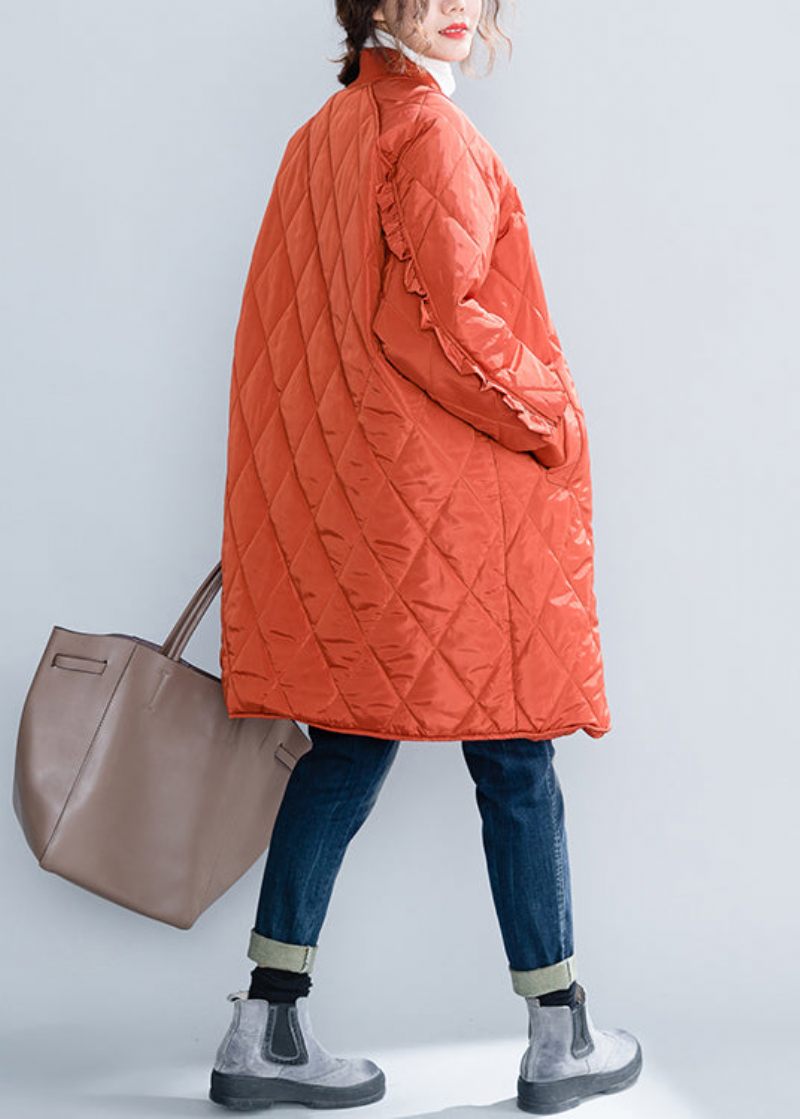 Plus Size Orange Lynlåslommer Flæsede Patchwork Bomuldsfyldte Frakker Vinter - Dame dunjakker