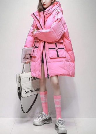 Plus Size Pink Zip Up Lommer Hætte Duck Down Puffer Coat Vinter