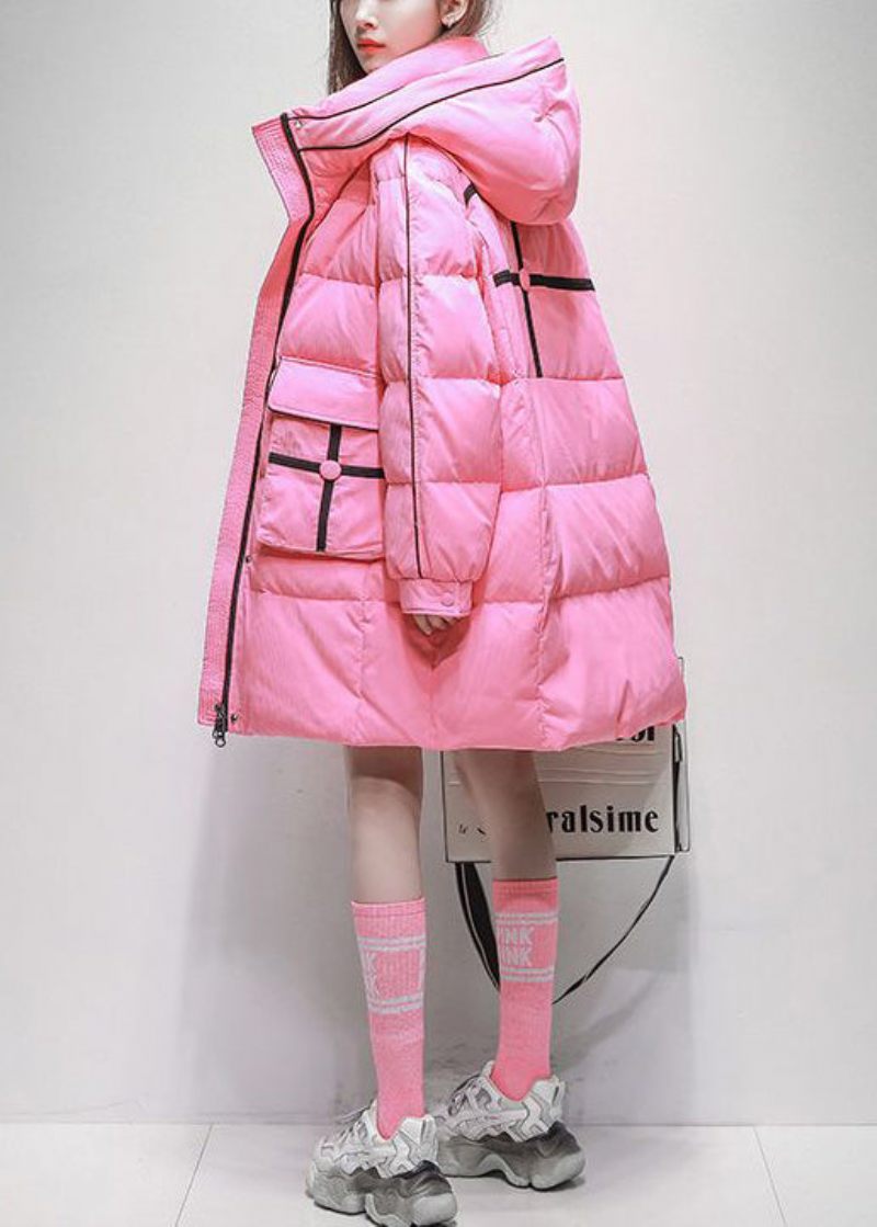 Plus Size Pink Zip Up Lommer Hætte Duck Down Puffer Coat Vinter - Dame dunjakker