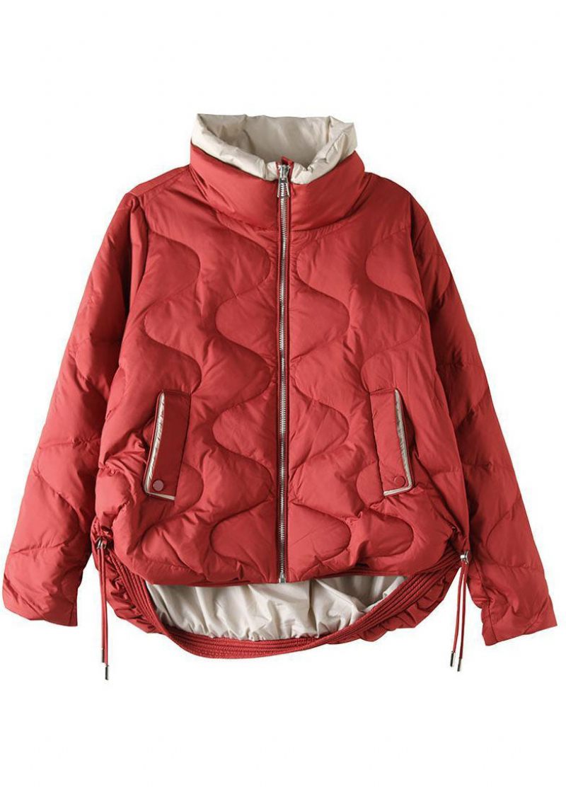 Plus Size Rød Stand Krave Zip Up Snøre Duck Down Jacket Vinter - Dame dunjakker