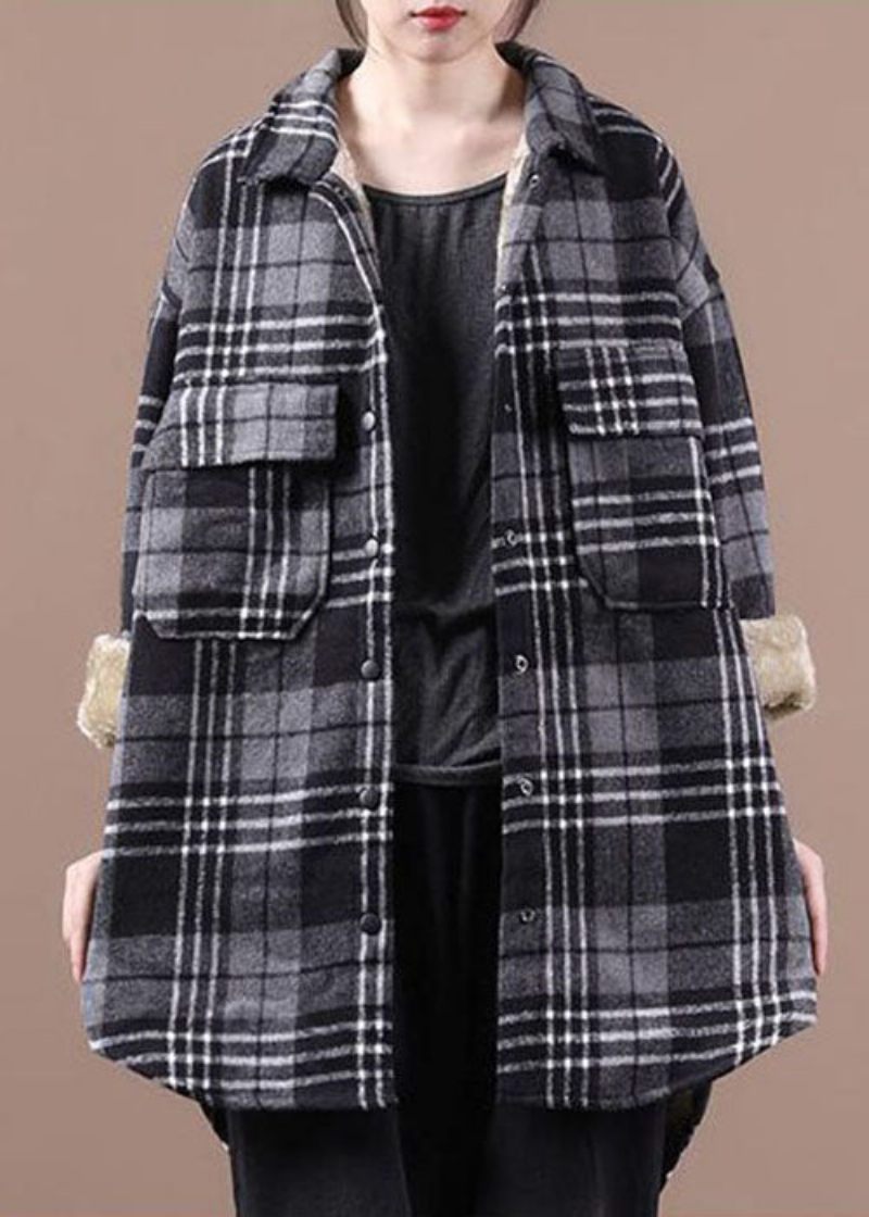 Plus Size Sort Asymmetrisk Plaid Fleece Uld Foret Frakker Vinter