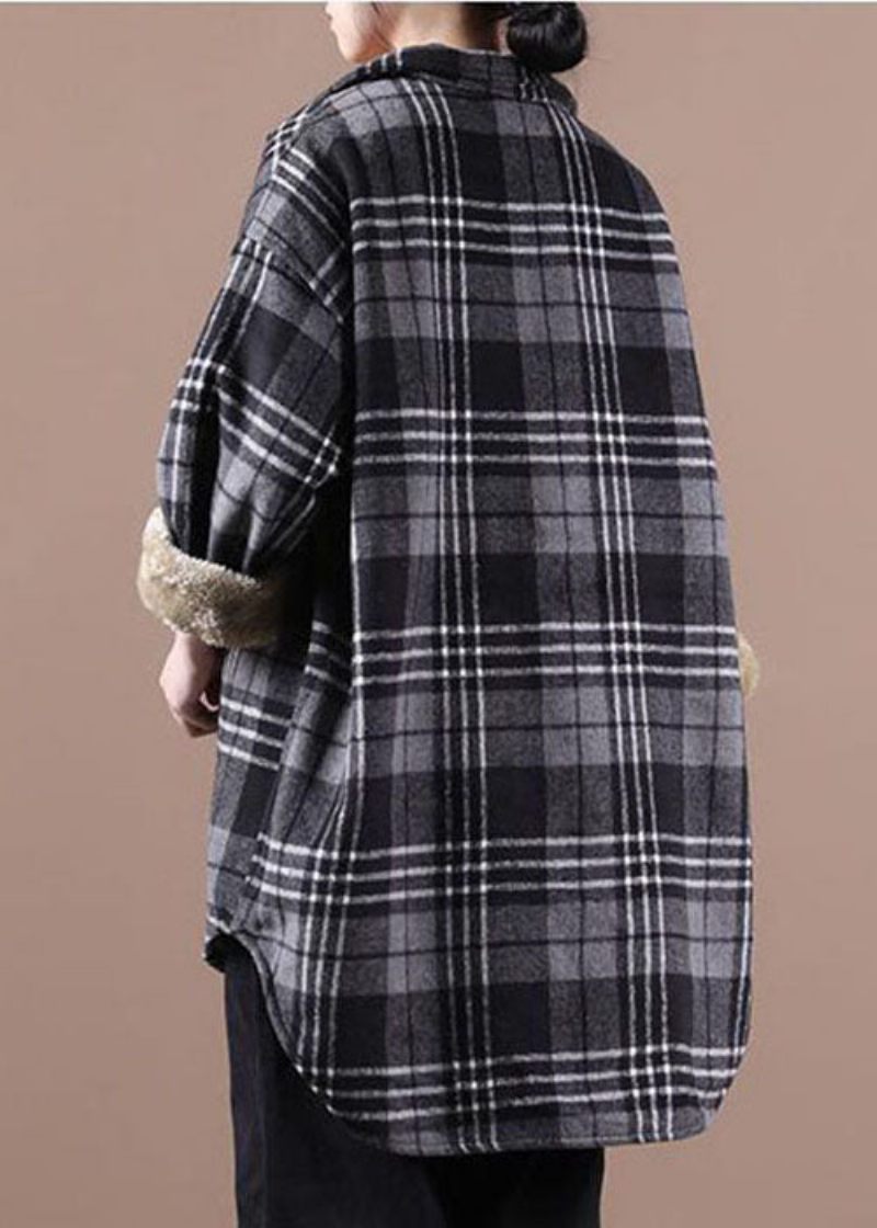 Plus Size Sort Asymmetrisk Plaid Fleece Uld Foret Frakker Vinter - Sort