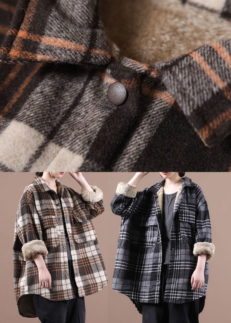 Plus Size Sort Asymmetrisk Plaid Fleece Uld Foret Frakker Vinter - Sort