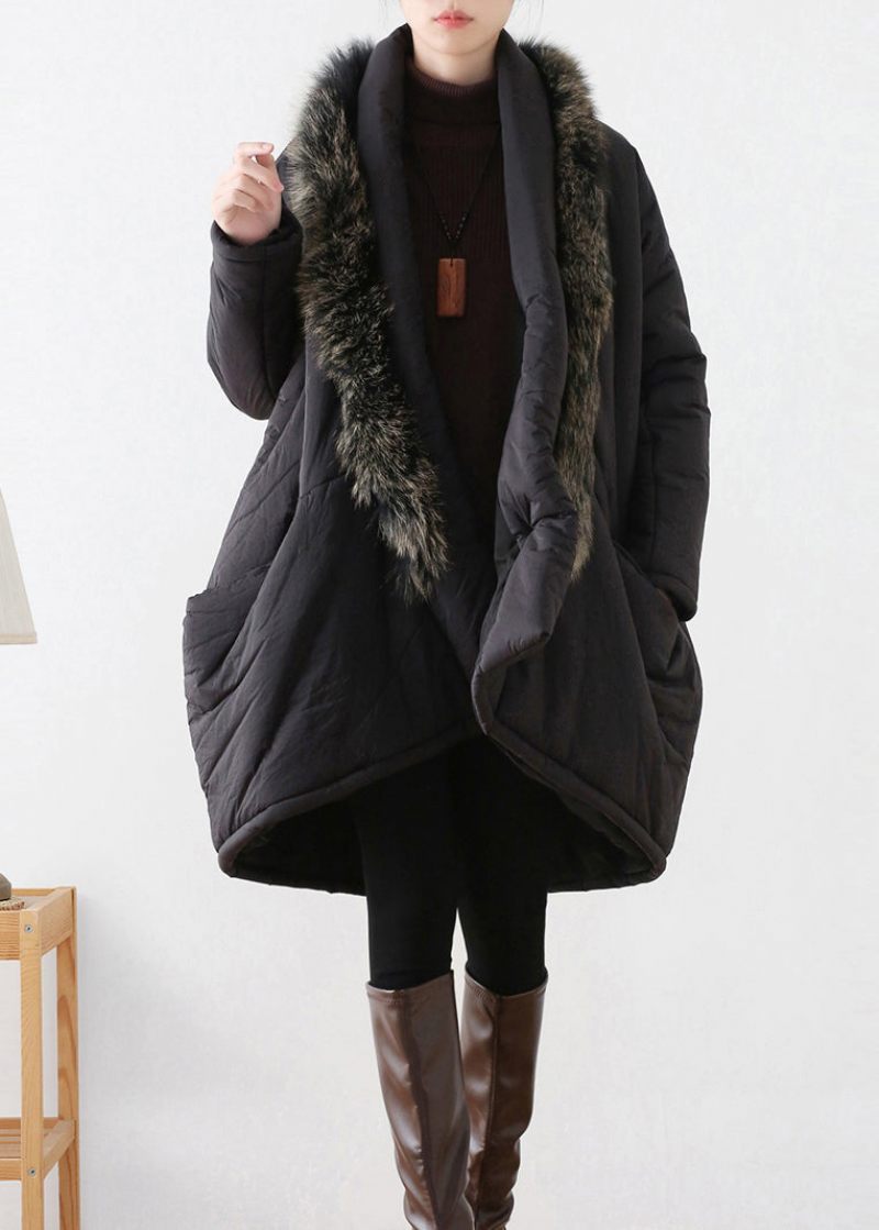 Plus Size Sort Pelskrave Varm Tyk Parka Vinter