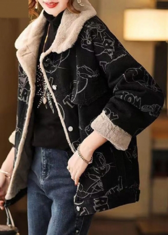 Plus Size Sort Print Knap Patchwork Varm Fleece Frakke Vinter