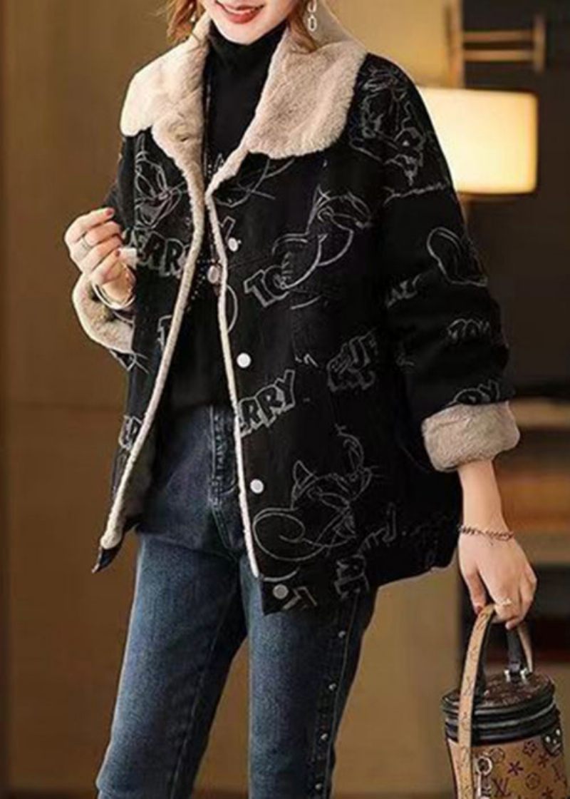 Plus Size Sort Print Knap Patchwork Varm Fleece Frakke Vinter - Dame dunjakker