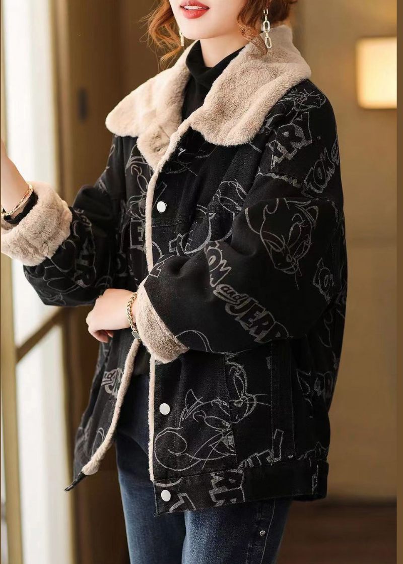 Plus Size Sort Print Knap Patchwork Varm Fleece Frakke Vinter - Dame dunjakker