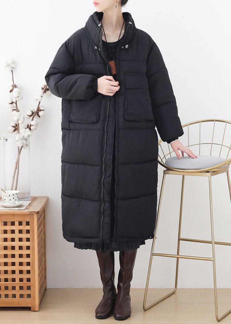 Plus Size Sort Stand Krave Lynlås Tyk Lang Parka Vinter