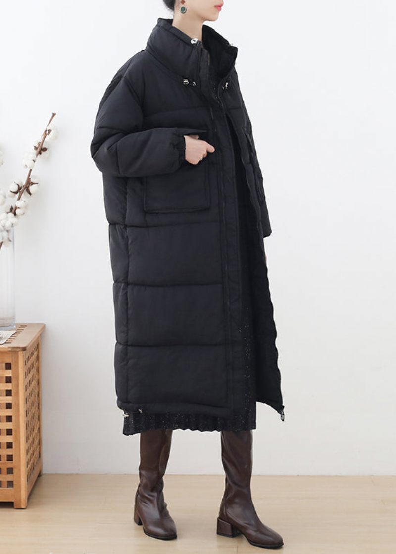 Plus Size Sort Stand Krave Lynlås Tyk Lang Parka Vinter - Sort