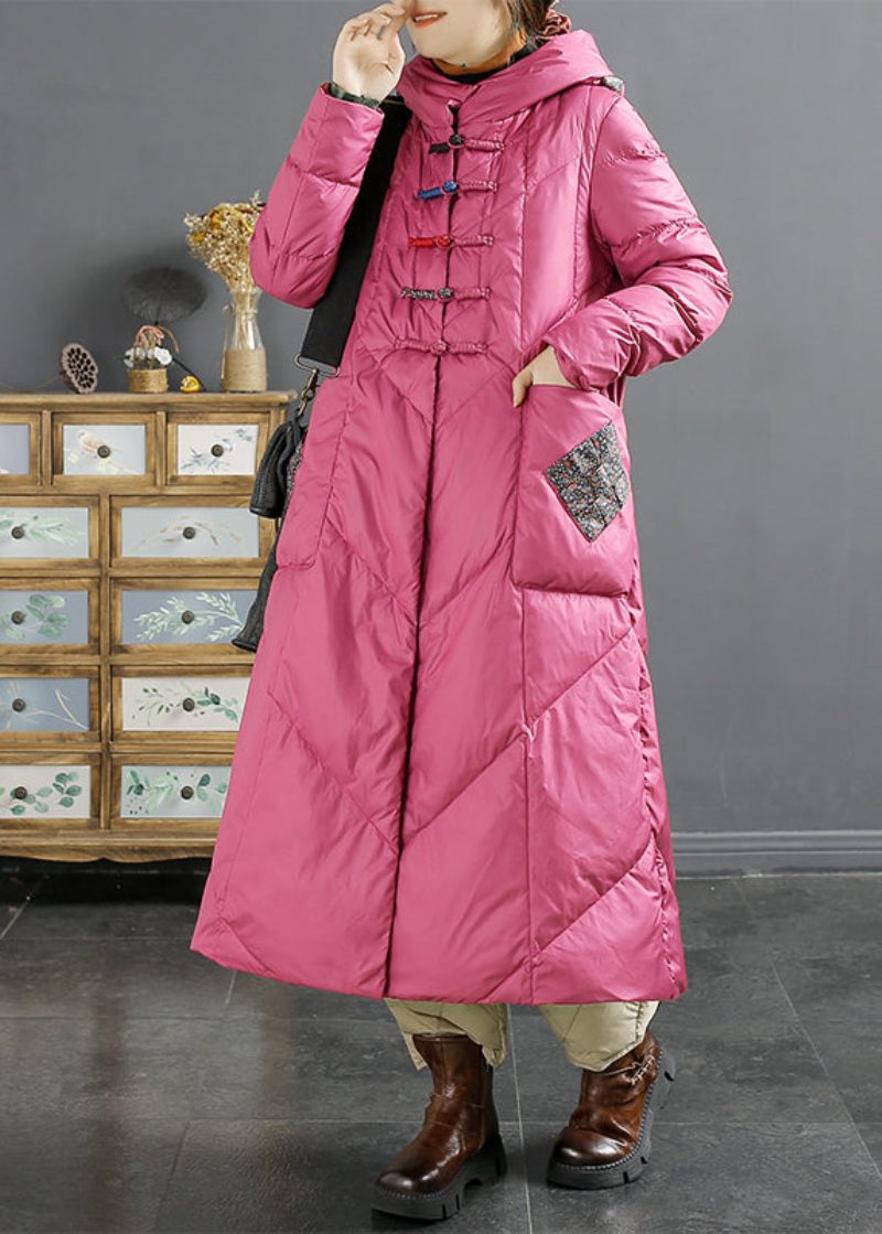 Retro Rose Hooded Lommer Kinesisk Button Duck Down Puffers Frakke Vinter