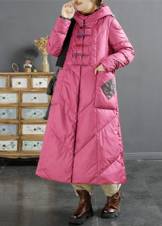 Retro Rose Hooded Lommer Kinesisk Button Duck Down Puffers Frakke Vinter