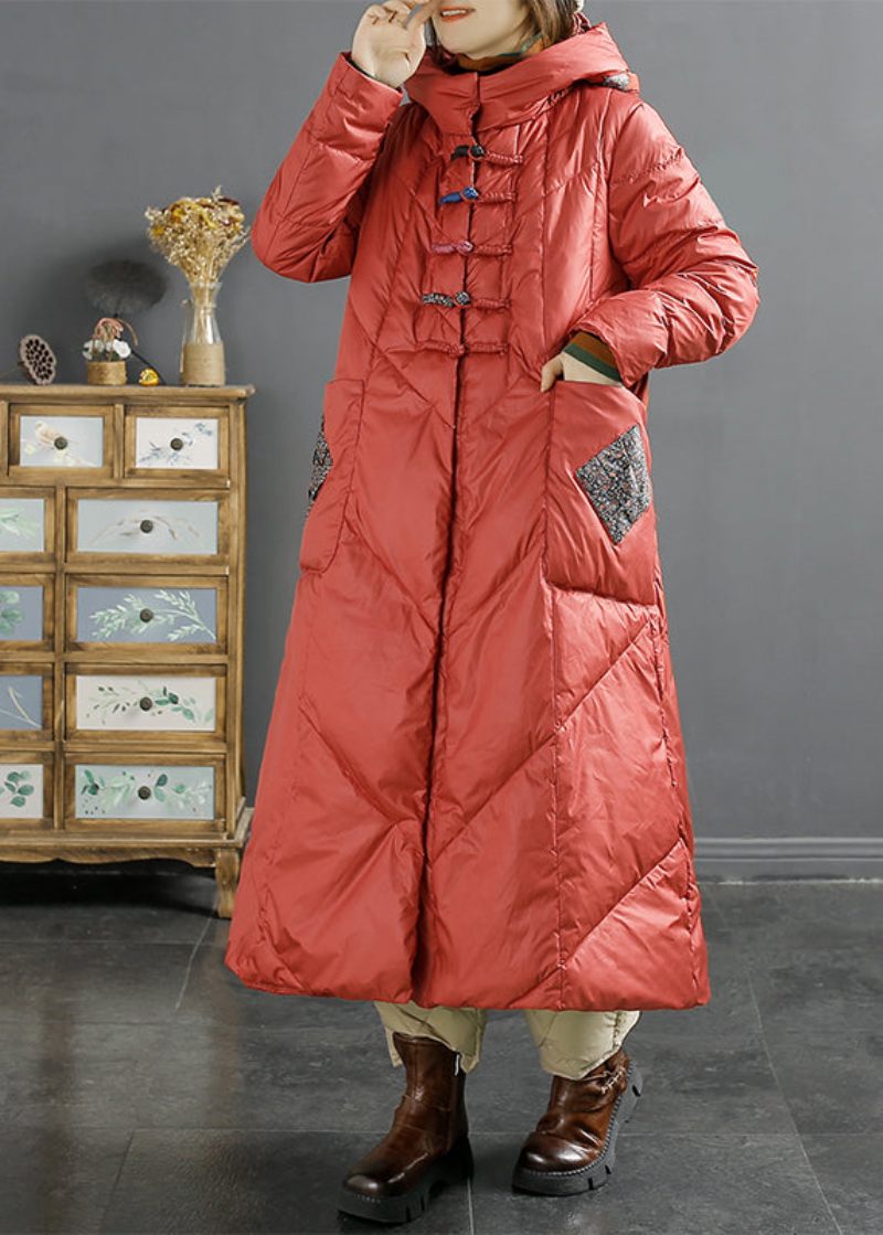 Retro Rose Hooded Lommer Kinesisk Button Duck Down Puffers Frakke Vinter - Dame dunjakker