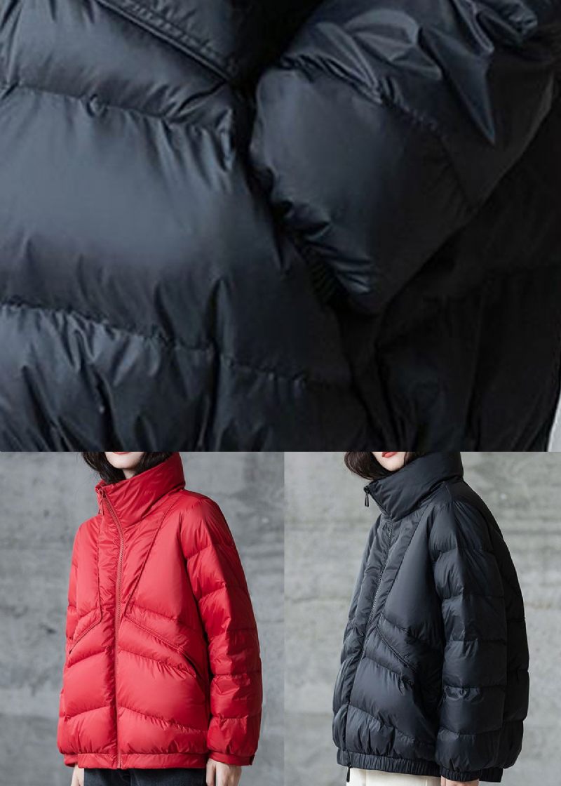 Rød Løs Duck Down Puffers Jakker Stand Collar Zip Up Winter - Dame dunjakker