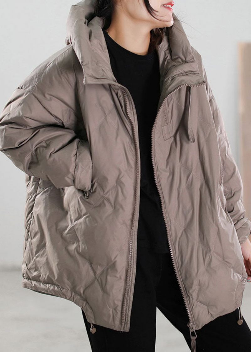 Simple Black Zip Up Snoretræk Duck Down Coat Winter - Sort