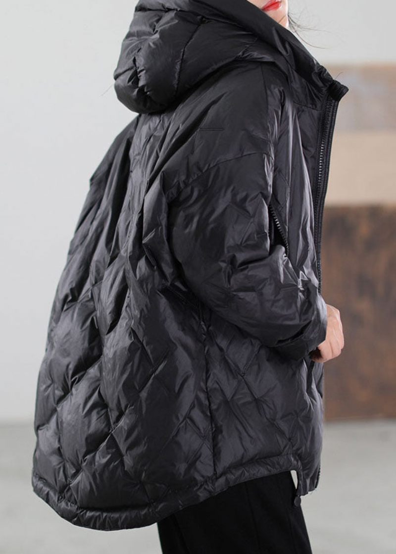 Simple Black Zip Up Snoretræk Duck Down Coat Winter - Sort