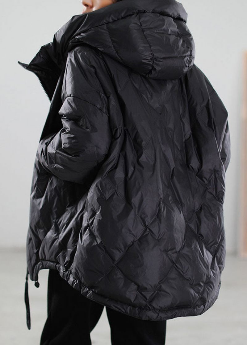 Simple Black Zip Up Snoretræk Duck Down Coat Winter - Sort