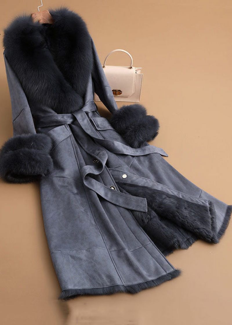 Slim Fit Denim Blue Fox Krave Sashes Lommer Læder Og Pels Parkas Vinter