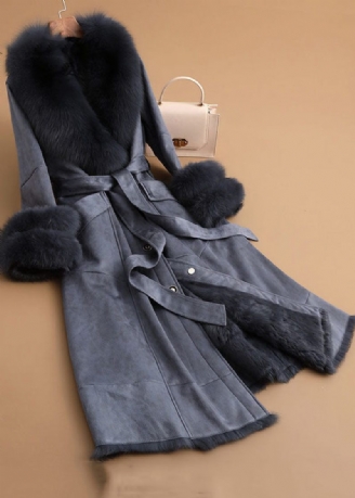 Slim Fit Denim Blue Fox Krave Sashes Lommer Læder Og Pels Parkas Vinter