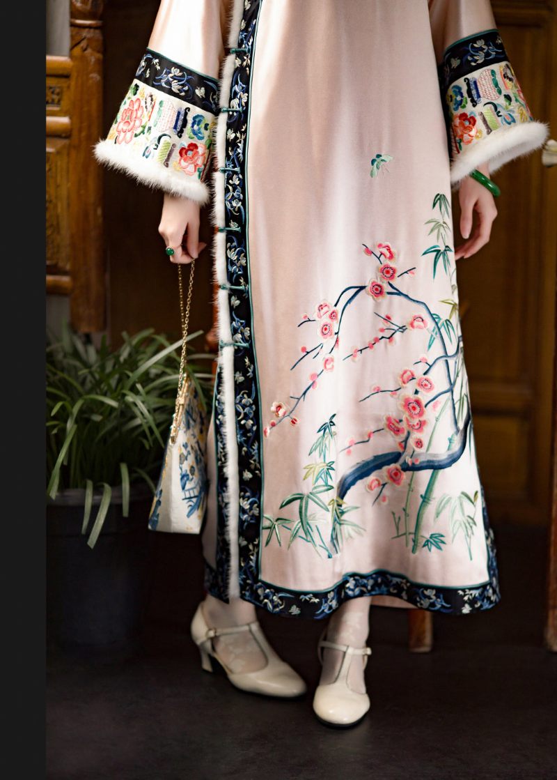 Sød O-hals Broderet Blomster Tyk Silke Cheongsam Langærmet - Dame dunjakker