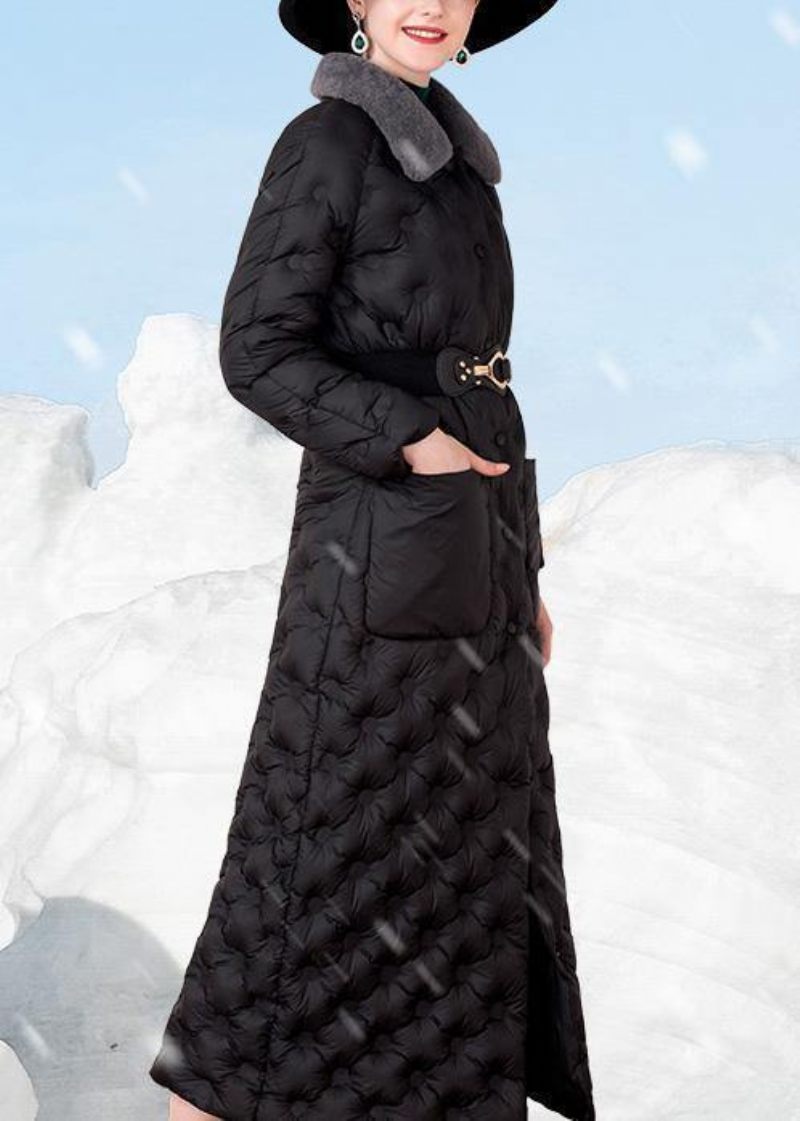 Sort Dunfrakke Vinter Trendy Plus Size Kaninuld Krave Vinterjakke Lommer Elegant Outwear