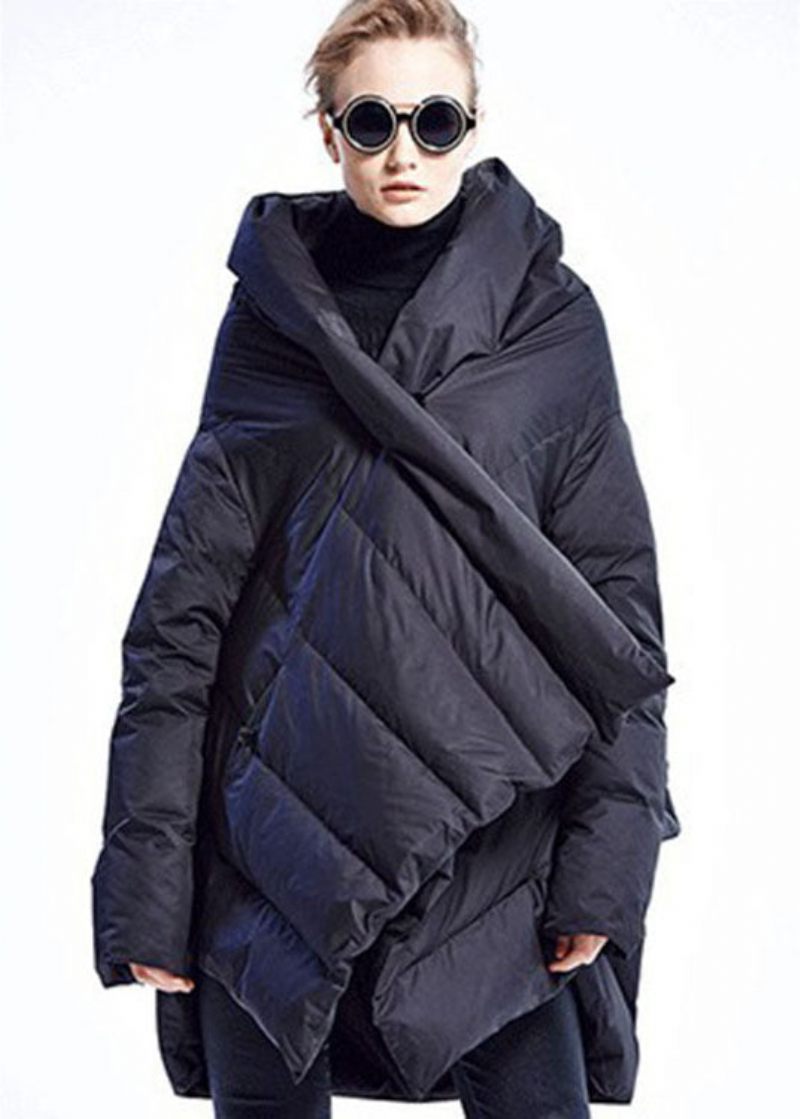 Sort Mode Kappe Asymmetrisk Design Tyk Vinter Duck Down Coat