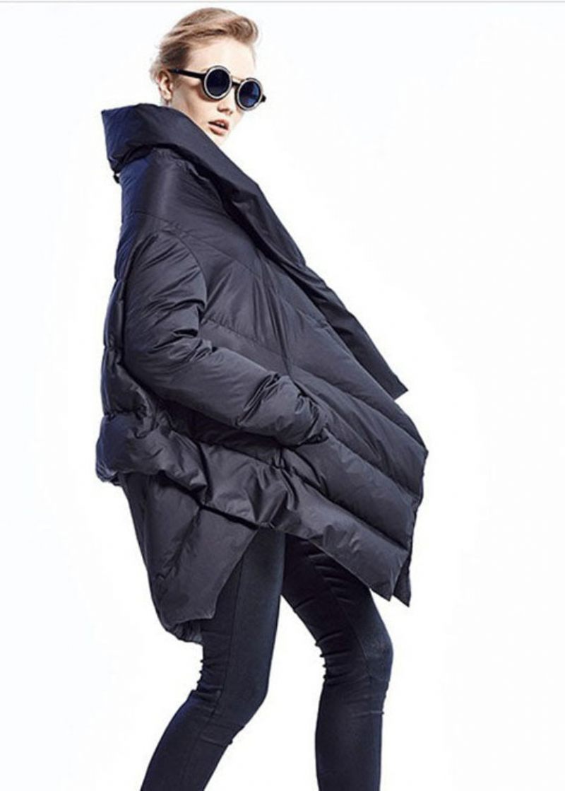 Sort Mode Kappe Asymmetrisk Design Tyk Vinter Duck Down Coat - Sort