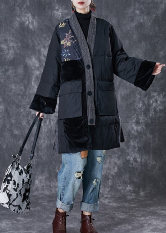 Sort Patchwork Tykke Fine Bomuldsfyldte Parkaer Oversized Lommer Vinter