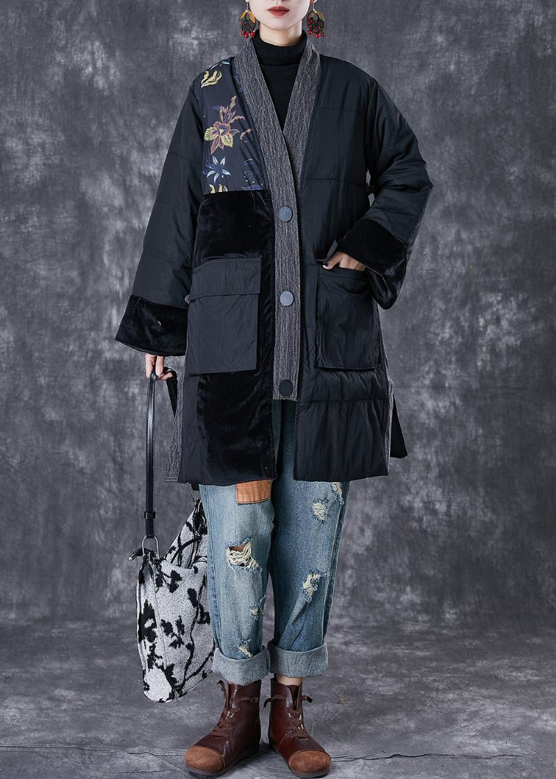 Sort Patchwork Tykke Fine Bomuldsfyldte Parkaer Oversized Lommer Vinter - Dame dunjakker