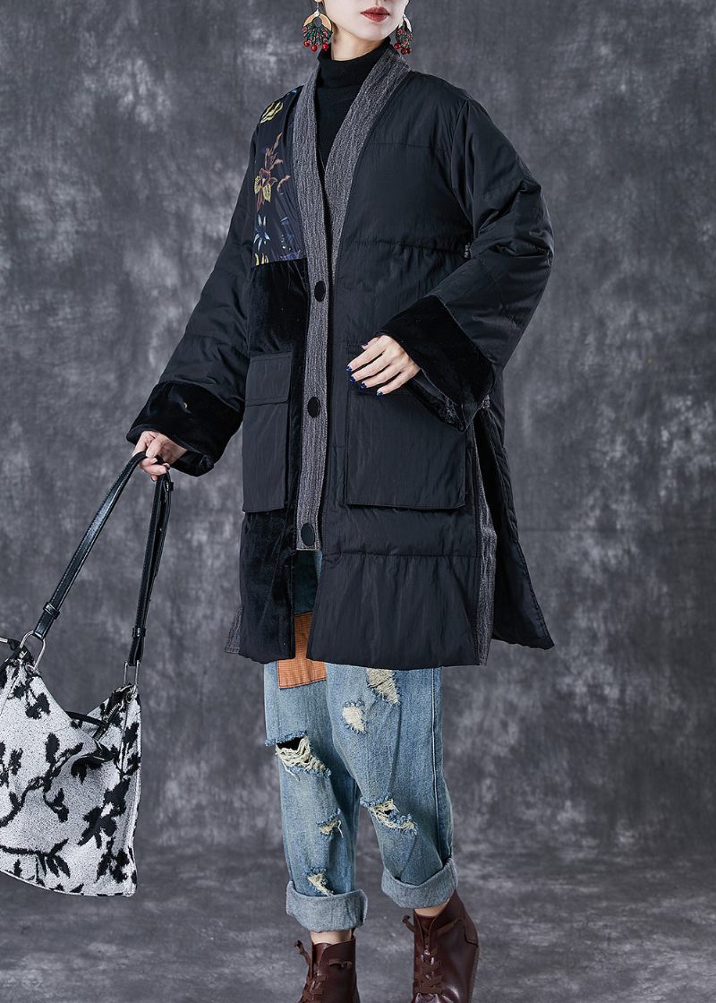 Sort Patchwork Tykke Fine Bomuldsfyldte Parkaer Oversized Lommer Vinter - Dame dunjakker