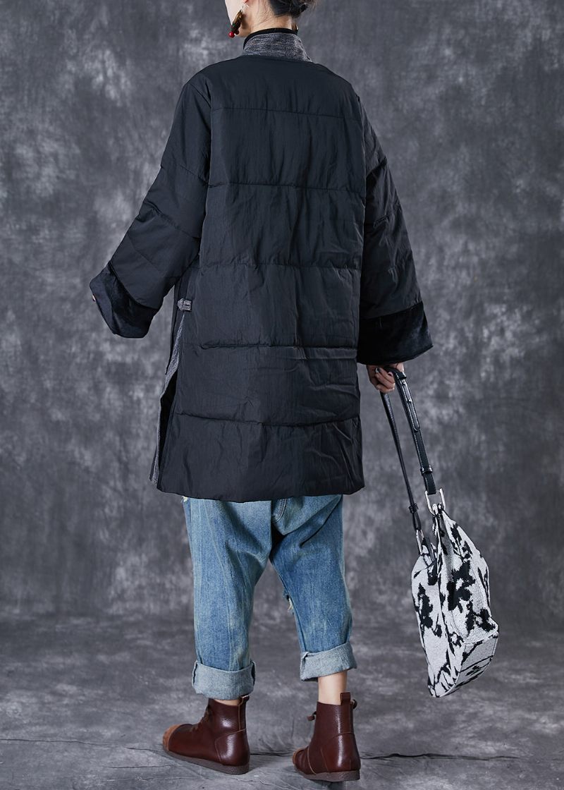 Sort Patchwork Tykke Fine Bomuldsfyldte Parkaer Oversized Lommer Vinter - Dame dunjakker