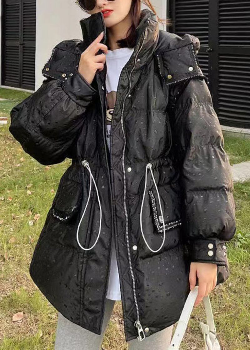 Sort Snøre Patchwork Aftageligt Ærme Duck Down Puffer Coat Zip Up Langærmet