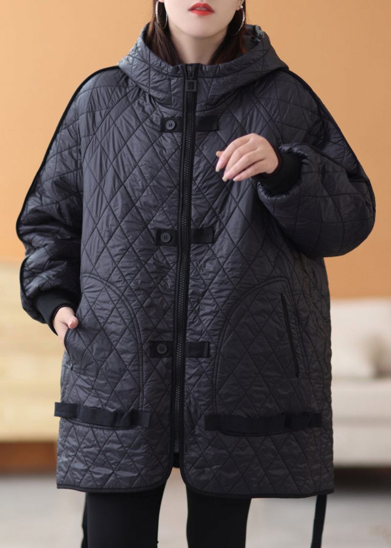 Sort Solid Patchwork Tyk Parka Lynlås Med Lange Ærmer