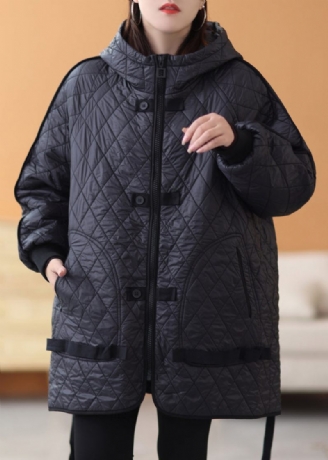 Sort Solid Patchwork Tyk Parka Lynlås Med Lange Ærmer