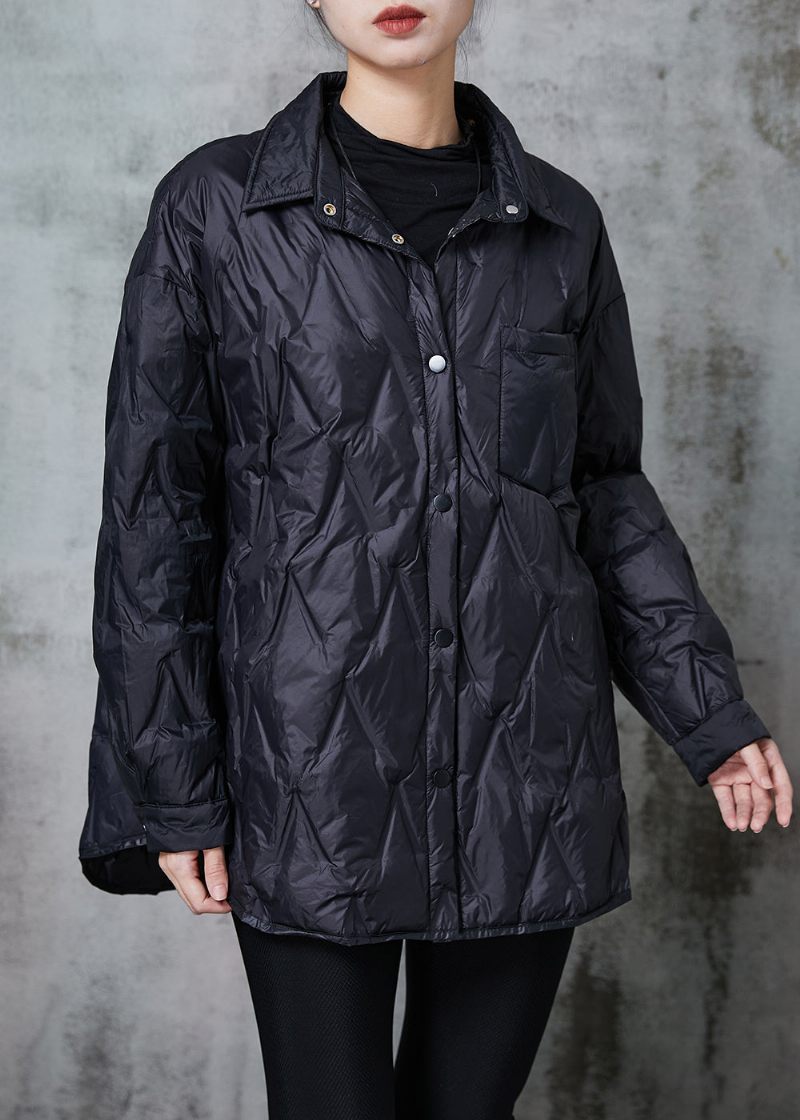 Sort Tyk Fin Bomuldsfyldt Frakke Oversized Pocket Winter - Dame dunjakker