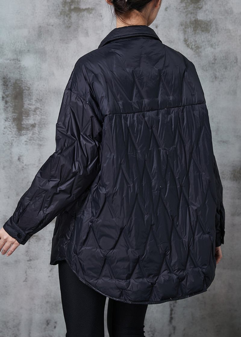 Sort Tyk Fin Bomuldsfyldt Frakke Oversized Pocket Winter - Dame dunjakker