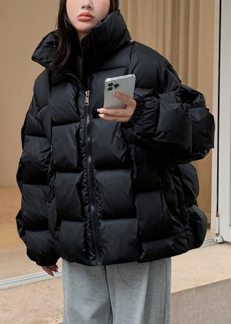 Sort Varm Fint Bomuldsfyldt Dameparka Oversized Lommer Vinter