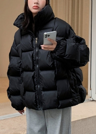 Sort Varm Fint Bomuldsfyldt Dameparka Oversized Lommer Vinter