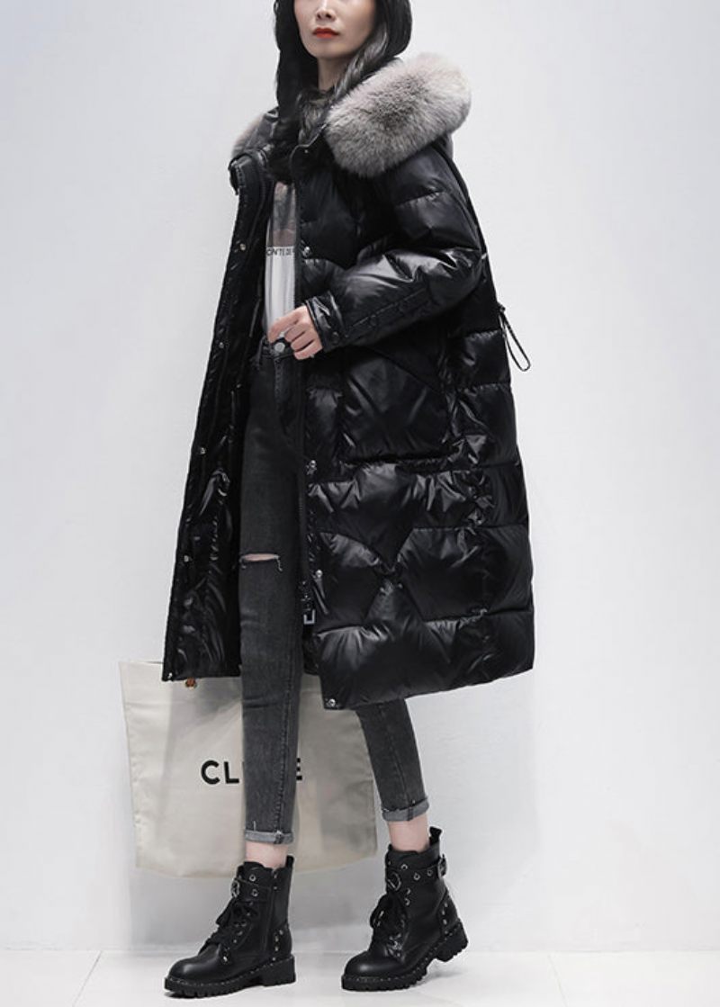 Sorte Lommer Patchwork Andedun Hooded Coat Zip Up Winter