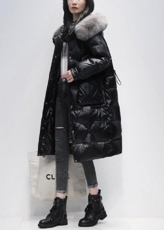 Sorte Lommer Patchwork Andedun Hooded Coat Zip Up Winter