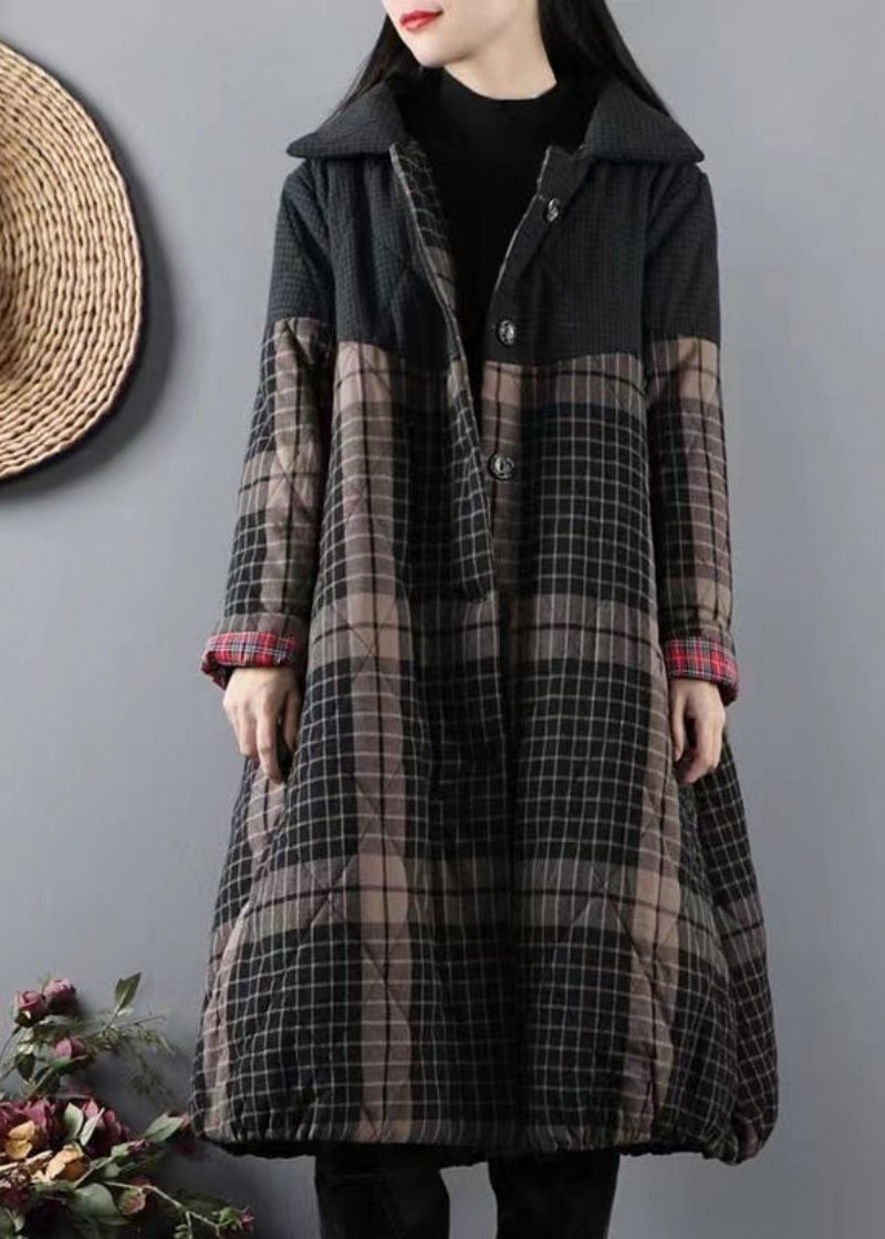 Sortgrønne Lommer Plaid Patchwork Fine Bomuldsfyldte Frakker Vinter