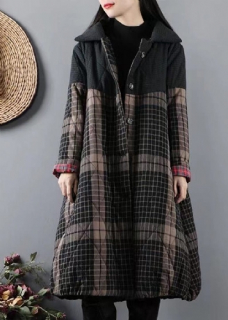 Sortgrønne Lommer Plaid Patchwork Fine Bomuldsfyldte Frakker Vinter