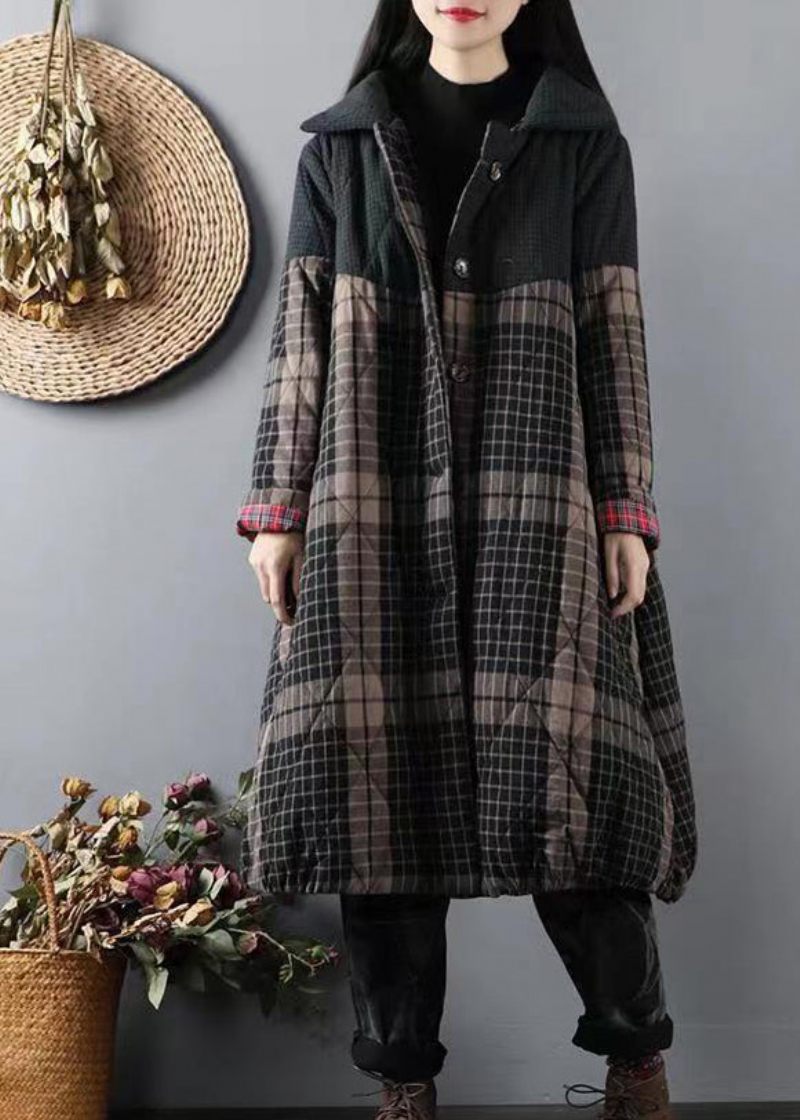 Sortgrønne Lommer Plaid Patchwork Fine Bomuldsfyldte Frakker Vinter - Dame dunjakker