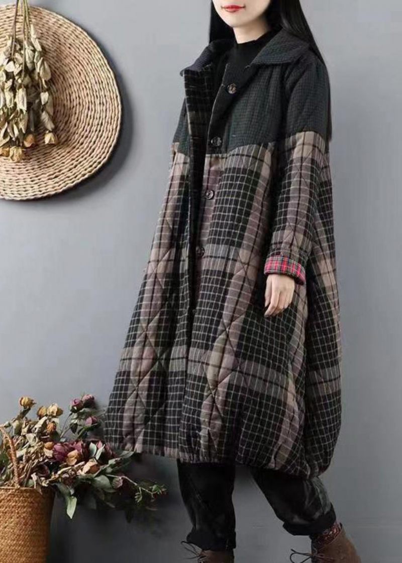 Sortgrønne Lommer Plaid Patchwork Fine Bomuldsfyldte Frakker Vinter - Dame dunjakker