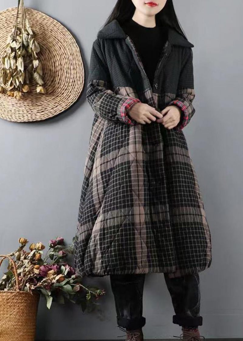 Sortgrønne Lommer Plaid Patchwork Fine Bomuldsfyldte Frakker Vinter - Dame dunjakker