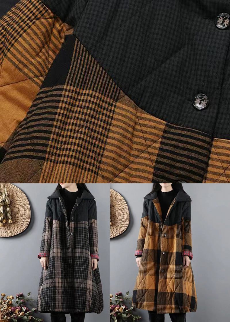 Sortgrønne Lommer Plaid Patchwork Fine Bomuldsfyldte Frakker Vinter - Dame dunjakker