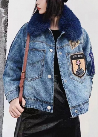 Stil Blå Peter Pan Krave Denim Patchwork Fine Bomuldsfyldte Jakker Vinter