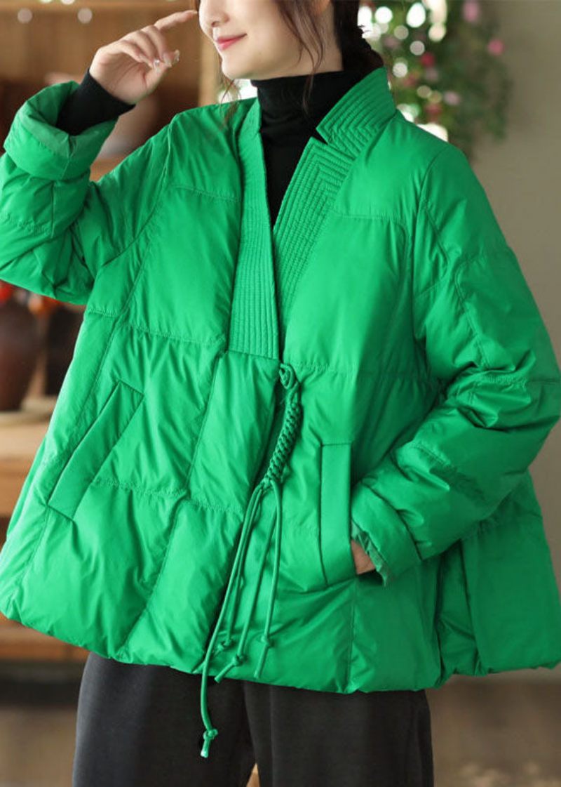 Stil Grøn V-hals Overdimensioneret Orientalsk Knap Duck Down Puffer Coat Vinter